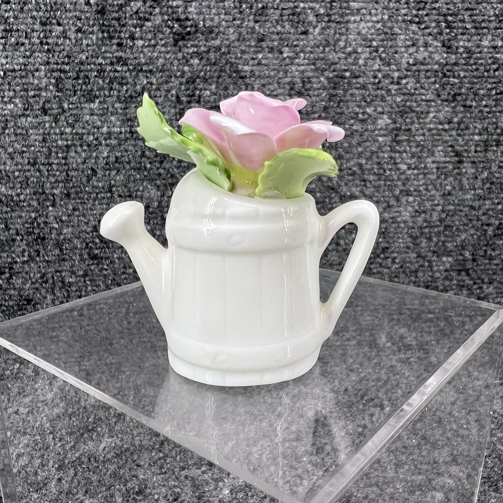 Vintage Lefton Royal Dover Bone China Pink Rose Flower In Watering Can 2" Tall